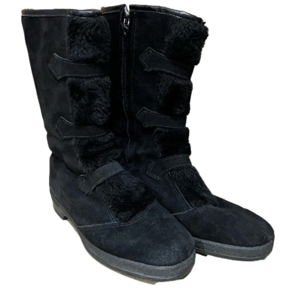 Yodelers black faux fur winter boots Vintage size 8 fuzzy and warm